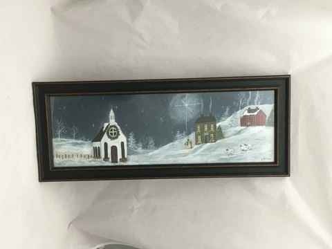Framed Country WINTER Landscape Church, Farm House, Sheep, Snowman in SNOW 8x24" Cover