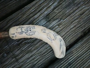 45 1/4 Inch Long Stag Handle Cane With Scrimshaw USA Sale - Picture 1 of 6