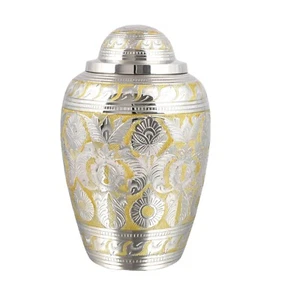 Adult Cremation Urn for Ashes Large Funeral Urn Golden & Silver Hand Engraved - Picture 1 of 6