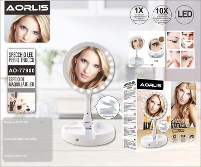SPECCHIO TRUCCO ILLUMINATO LED MIRROR MAKE UP PIEGHEVOLE INGRANDIMENTO ZOOM 10X - Immagine 1 di 4