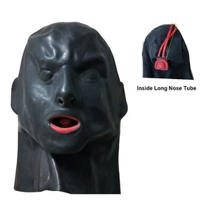 Black Latex Mask with Red Teeth Gag 13cm Nose Tube 1.0mm Thick Hood - Picture 1 of 5
