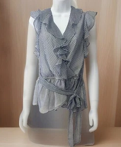 NWT Max Studio Large Sleeveless Blouse  Ruffle V-Neck Tie Waist Top Gingham - Picture 1 of 5