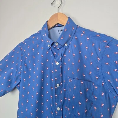 Izod Men’s Shirt Small NWT Blue Flamingo Print Button Up Short Sleeve Casual - Image 1 of 4