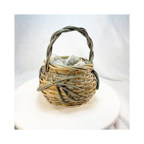 Grapevine Decorated Basket Woven Wicker Gray Decoration 5” Opening With Liner Cover