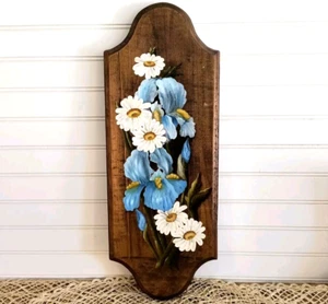 Vintage Floral Wall Plaque, Hand Painted Irises and Daisies, Solid Maple, EUC - Picture 1 of 10