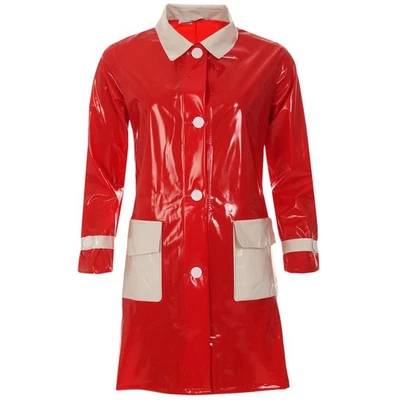 Puritues Women’s Retro PVC Raincoat Red White Glossy Waterproof Coat Jacket - Image 1 of 3