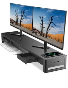 3 in 1 Dual Monitorständer mit 2 Schubladen 1 kabelloses Lademodul und 4 USB ... - Afbeelding 1 van 7