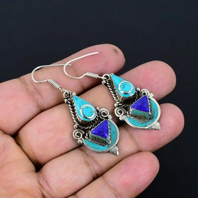 Orecchino nepalese tibetano argento sterling 925 etnico lapislazzuli... - Immagine 1 di 4