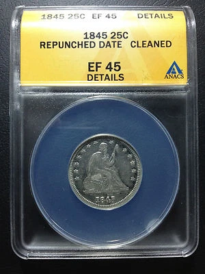 Cuarto de dólar libertad sentada 1845/45 P ANACS EF XF45 detalles fecha reabastecida RPD Foto 1 de 3