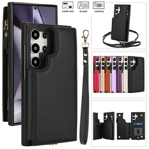 New Credit Card Slots Wallet Leather Two Lanyards Case For Samsung Galaxy Phone - Picture 1 of 88