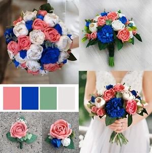 Royal Blue Coral Bridal Bouquet Sola Wood Bridesmaid Flowers Tropical Wedding - Picture 1 of 10
