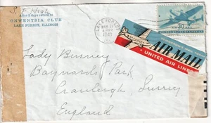 27) US airmail label cover . United Air Lines 1943 Lake Forest  (cover defects) - Picture 1 of 2