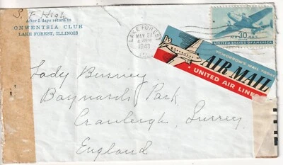 27) US airmail label cover . United Air Lines 1943 Lake Forest  (cover defects) - Image 1 of 2