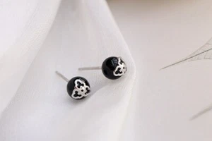 B06 Orecchini Nero Agata Sfera con Fiore Argento 925 - Bild 1 von 8