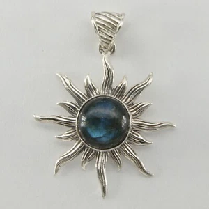 Round LABRADORITE Sun / Star Pendant - 925 STERLING SILVER Natural Gemstone #51e - Picture 1 of 4