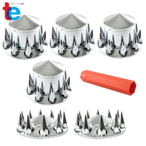 Chrome Hub Cover Kit 33mm Front & Rear Semi Truck Wheel Axle Covers Spiked - Picture 1 of 17