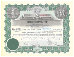 Certificado de stock de Virginia Beach Virginia 1971 de Peoples Corporation - Imagen 1 de 1