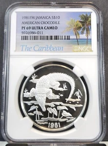 1981 JAMAICA SILVER 10 DOLLARS AMERICAN CROCODILE NGC PF 69 ULTRA CAMEO RARE - Picture 1 of 3