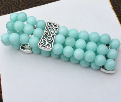 Brazalete de plata tibetana elástico 3 filas 8 mm azul amazonita gemas redondas cuentas 7,5"" Foto 1 de 4