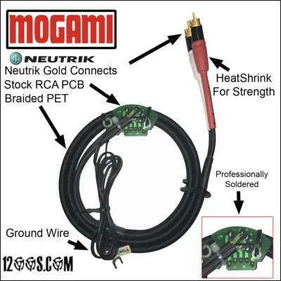 MOGAMI TECHNICS 1200S.COM 6 FT MOGAMI RCA PHONO CABLE, NEUTRIK GOLD CONNECTS, & GROUND / EARTH WIRE & PCB