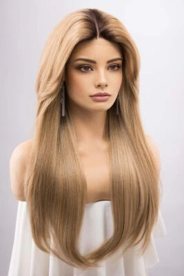 20‘‘ Blonde Brown With Dark Root Straight T Part Lace Front 100% Human Hair Wigs - Image 1 of 4