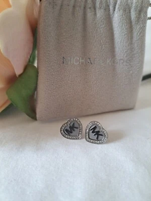 New Michael Kors Logo Ladies Heart Earrings Steel Stud Push Back - Image 1 of 4