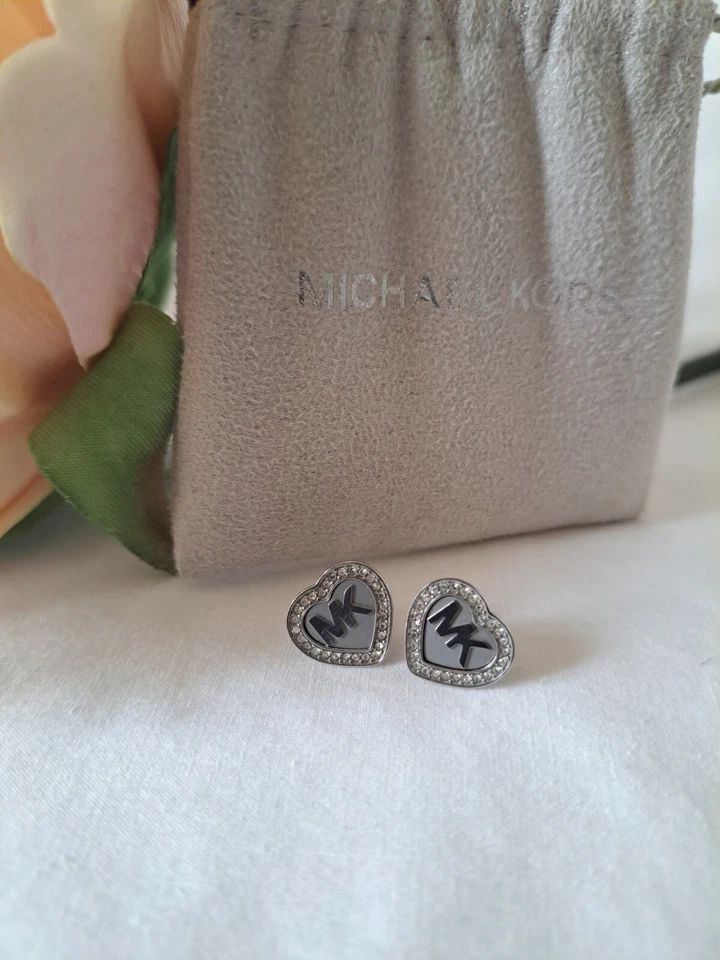 New Michael Kors Logo Ladies Heart Earrings Steel Stud Push Back - Image 1 of 4