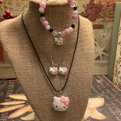 (4) Necklace Set~HELLO KITTY~Adj  Black Cord & French Wire Earrings/Bracelet~ - Image 1 of 4