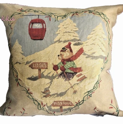 Rolande Du Dreuilh Throw Pillow Teddy Bear Skier Alpine Chalet France 18x18" - Image 1 of 4