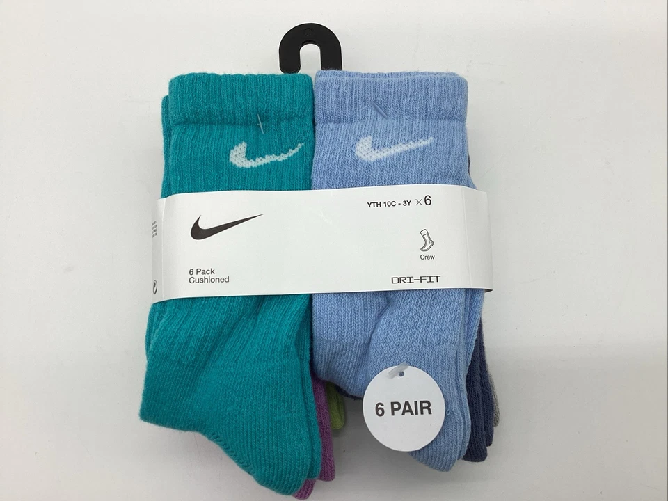 Pacote com 6 meias acolchoadas Nike Dri-FIT Youth Crew femininas multicoloridas 10C-3Y - Imagem 1 de 4
