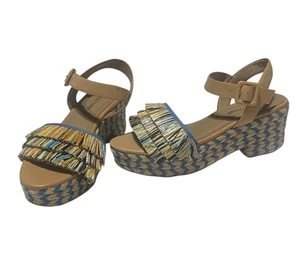 Donald J Pliner Lyna Raffia Fringe Sandals Women’s 9.5 Blue Tan Platform BoHo - Picture 1 of 20