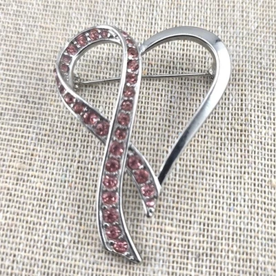 Broche Cinta Corazón Rosa Estrás Tono Plata Concienciación Cáncer de Mama Foto 1 de 4