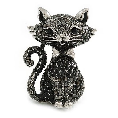 Gatito/cristal gris hematita/broche para gato/colgante en tono plateado - 50 mm Foto 1 de 4