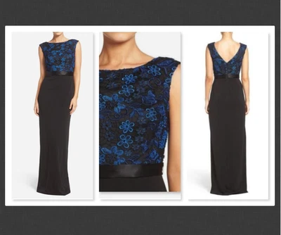 NEW  Aidan Mattox Embroidered Lace and Jersey Gown Black/Blue Size  2  #B335 - Image 1 of 4