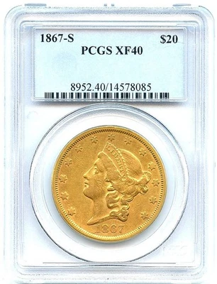 1867-S Liberty $20 Gold Double Eagle, PCGS XF40, Very Nice Better Date Gold Coin - Image 1 of 2