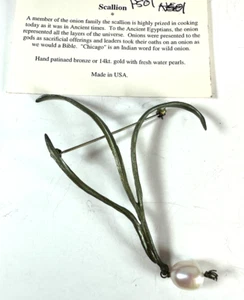 Michael Michaud Brooch Scallion Onion Pearl Dangle Plant Bronze - Picture 1 of 6