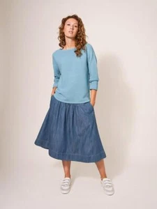 White Stuff Charlotte Women's Denim Midi Skirt Ladies Organic Outfit Back Zip - Picture 1 of 8