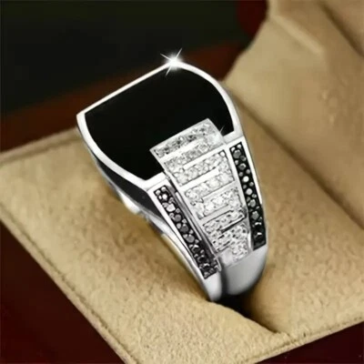 Moda Anillo Para Hombre Plateado Cuadrado Negro Imitación Piedras Preciosas Cristal Talla 10 Foto 1 de 4