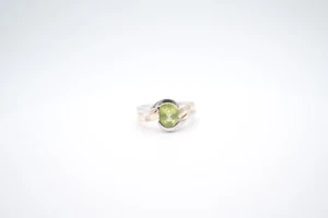 14K Two Tone Gold Oval Peridot and Diamond Twist Ring in Half Bezel - Picture 1 of 11