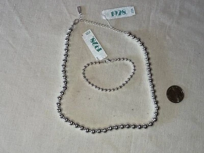 VERY PRETTY 1928 SILVER BEAD NECKLACE & BRACELET SET 20" ADJUSTABLE NECKLACE NWT - Image 1 of 3