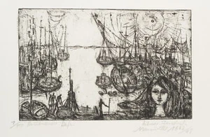 H. FRIEDRICH (*1938), Holländischer Hafen mit Schiffen und Nixe, nach 1962, Rad. - Picture 1 of 5