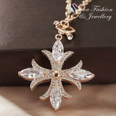 18K Rose Gold Filled Made With SWAROVSKI Zirconia Stunning Cross Long Necklace - Image 1 of 4