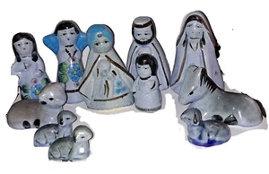 Presepe Arte Popolare Fatto A Mano In Messico Natale 11pz Blu Floreale Gesù  - Foto 1 di 4