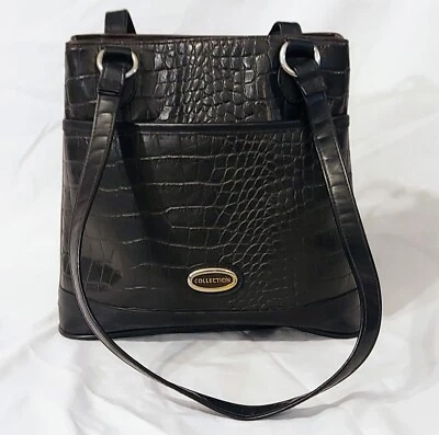 Vintage Collection Brand Black Faux Crocodile Hand Bag Tote - Image 1 of 4