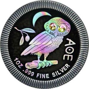 Niue 2020 $2 Athenian Owl - Ruthenium & Holo - 1 Oz Silver Coin + Swarovski cr.