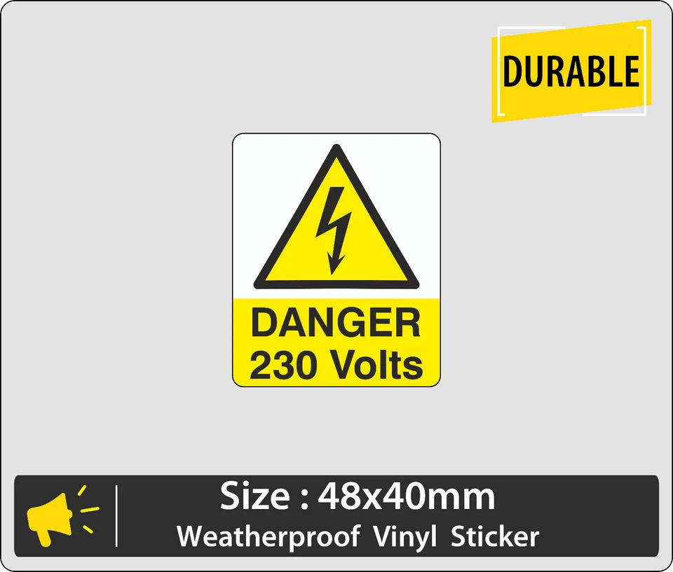 DANGER 230V 415V Electrical Highly Adhesive Vinyl Sticker 48x40mm UK Made