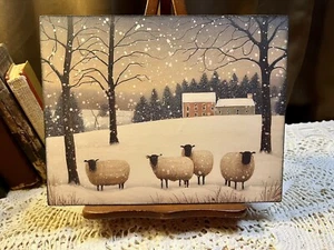 PRIMITIVE Folk Art,  Warm Winter Wishes, Sheep, Snow,  Artist Canvas Board Sign - Picture 1 of 3