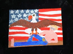 TRUMP HAS GOOD JEANS painting AMERICAN EAGLE art TRADING CARD ACEO USA flag Bird - Picture 1 of 22