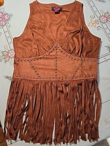 Rock & Roll Women's Sz Med Microsuede Tank with 10" Fringe Studded - Brown Boho - Picture 1 of 9