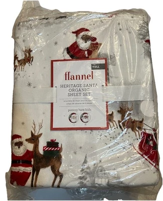 POTTERY BARN KIDS HOLIDAY HERITAGE SANTA ORGANIC FLANNEL SHEET SET, FULL_New_T#B - Image 1 of 4